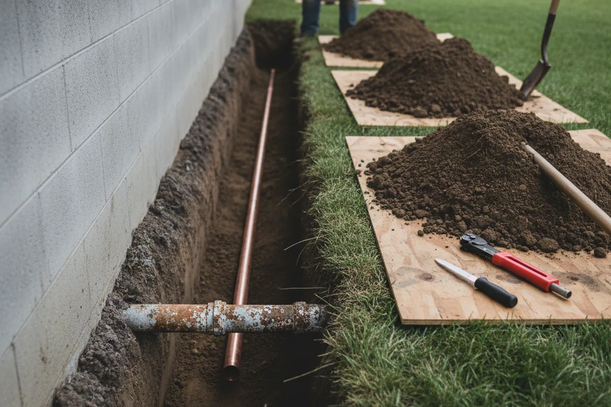 Excavated water line trench during Water Softener Installation in Huron